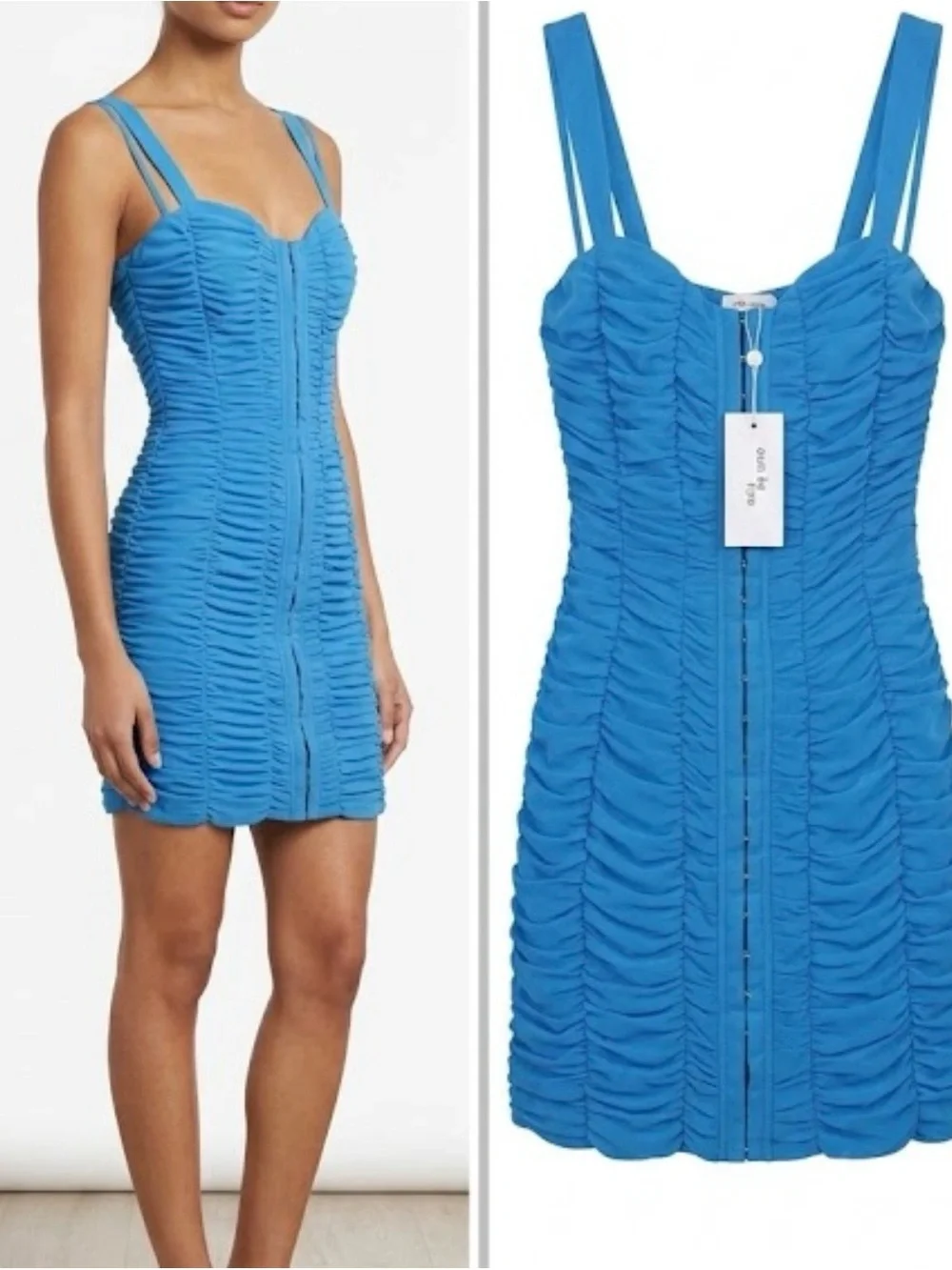 Blue Ruched Zip-Front Mini Dress